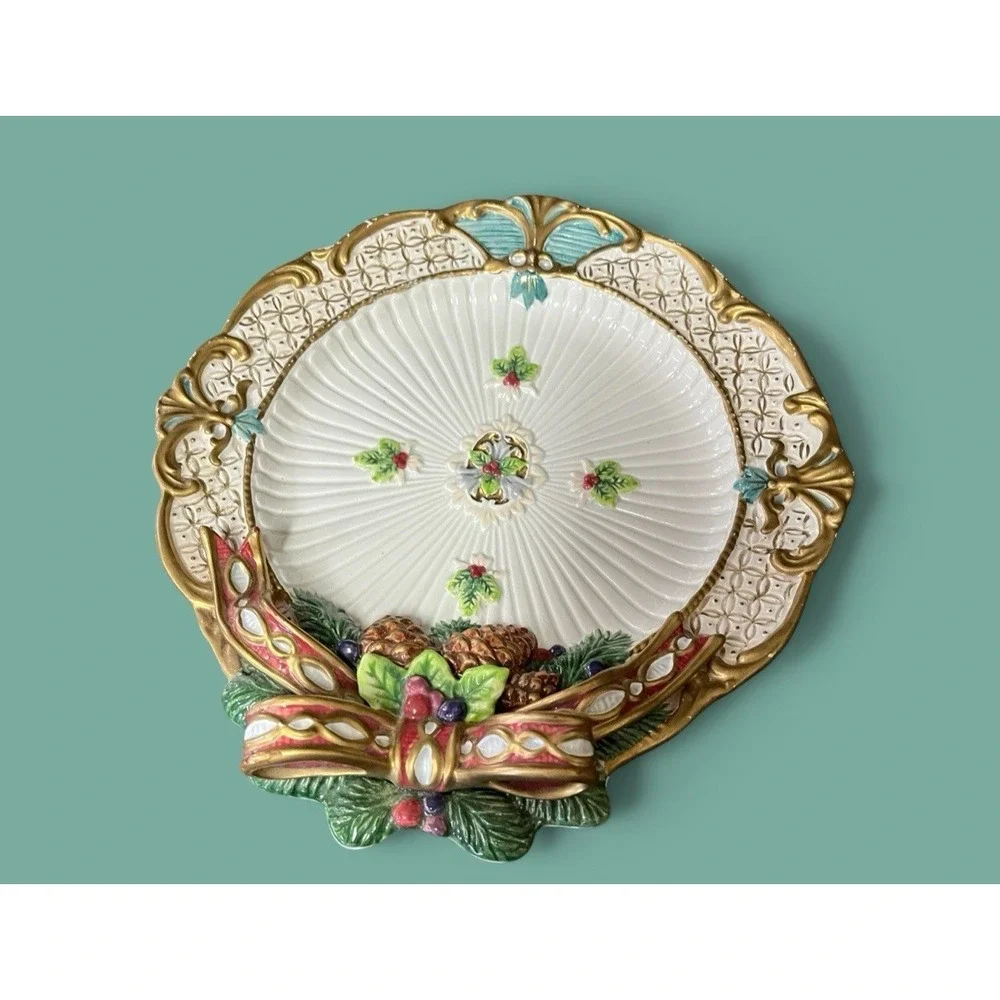 Fitz & Floyd Classics Florentine Canape Snack Plate Christmas Holly Bow Pinecone